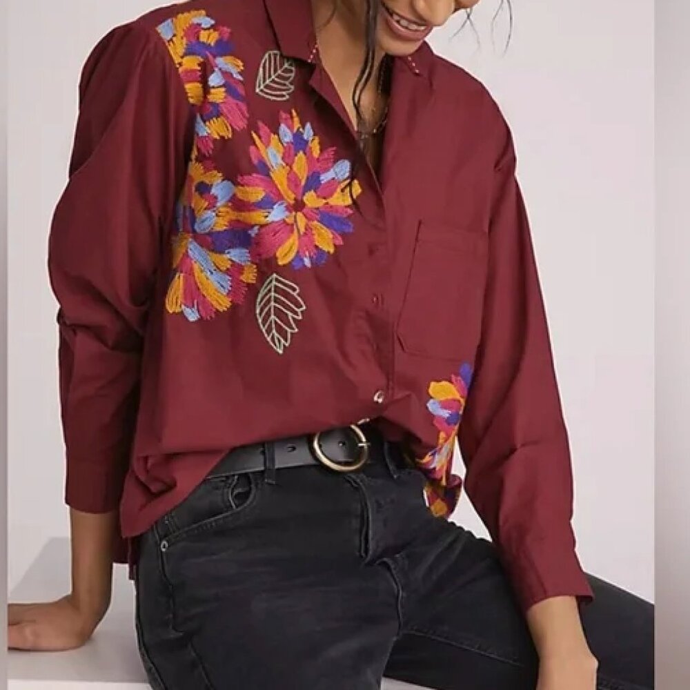 Maeve by Anthropologie Embroidered Button Down Blouse